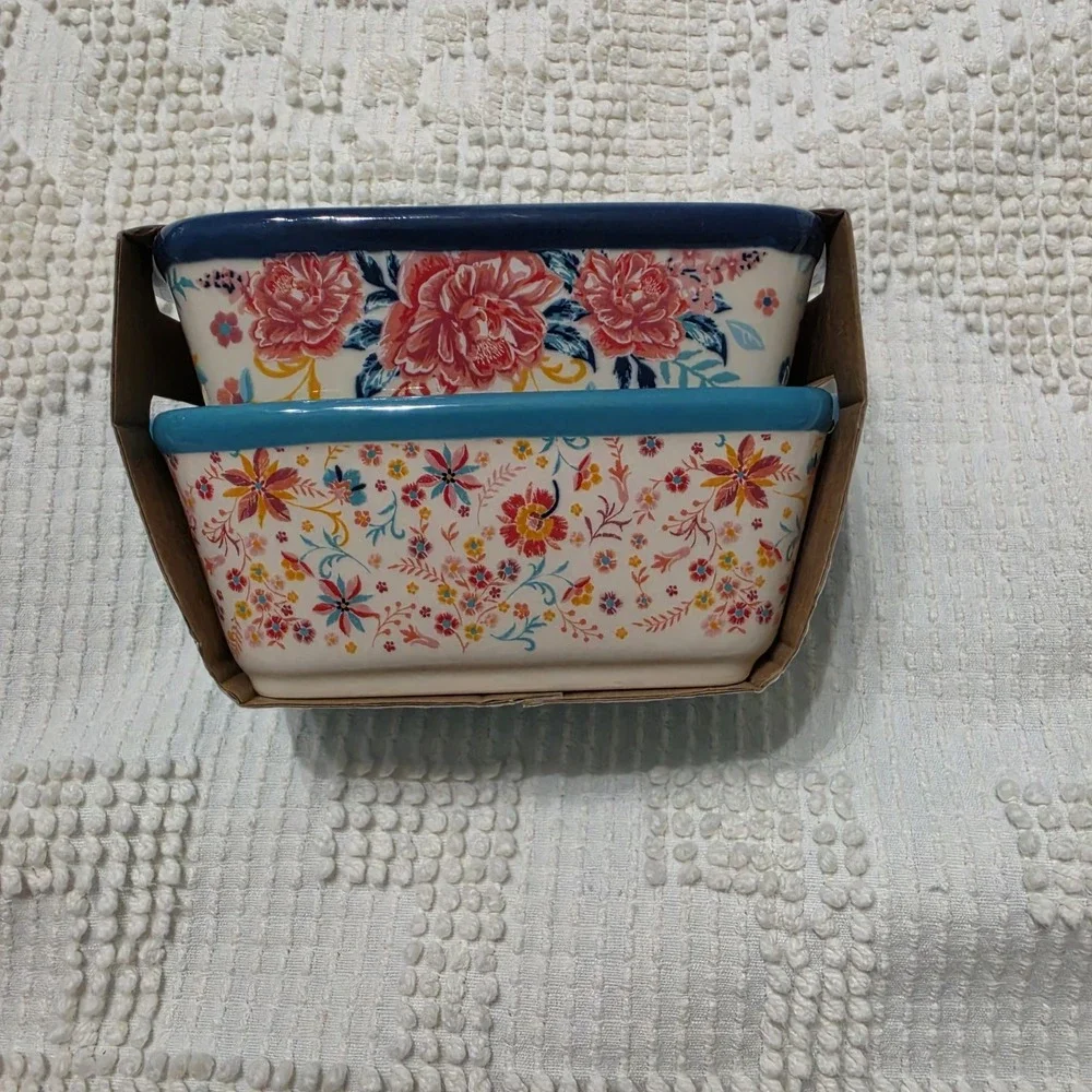 Pioneer Woman Keepsake Floral Mini Loaf Pans Ceramic 2 Pcs Blue 5.1